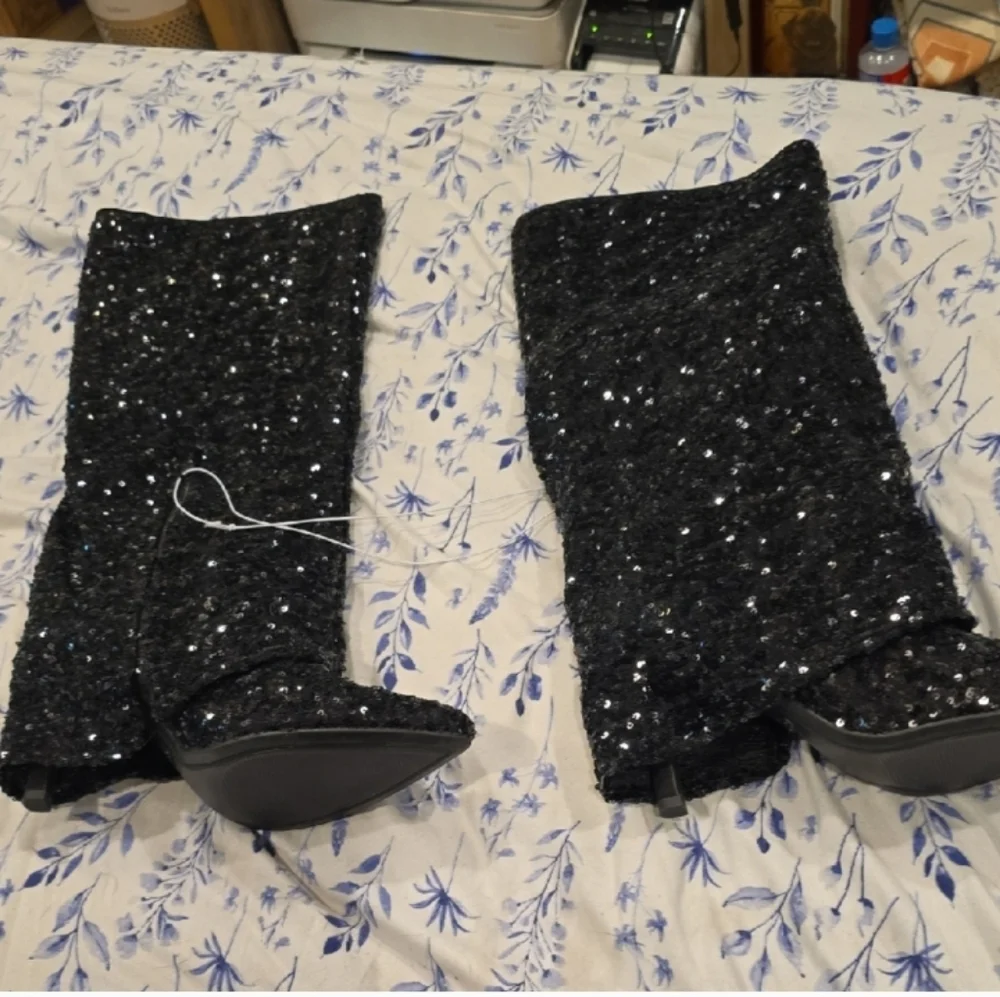New Elegant Black Sequin Knee-High Boots Beautiful
